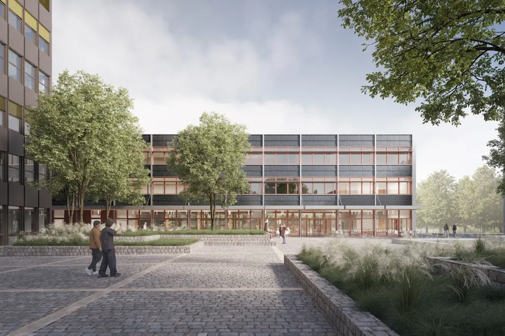 Sanierung und Erweiterung Berufsfachschule / Sanierung Gymnasium Langenthal Visualisierung außen Pausenplatz