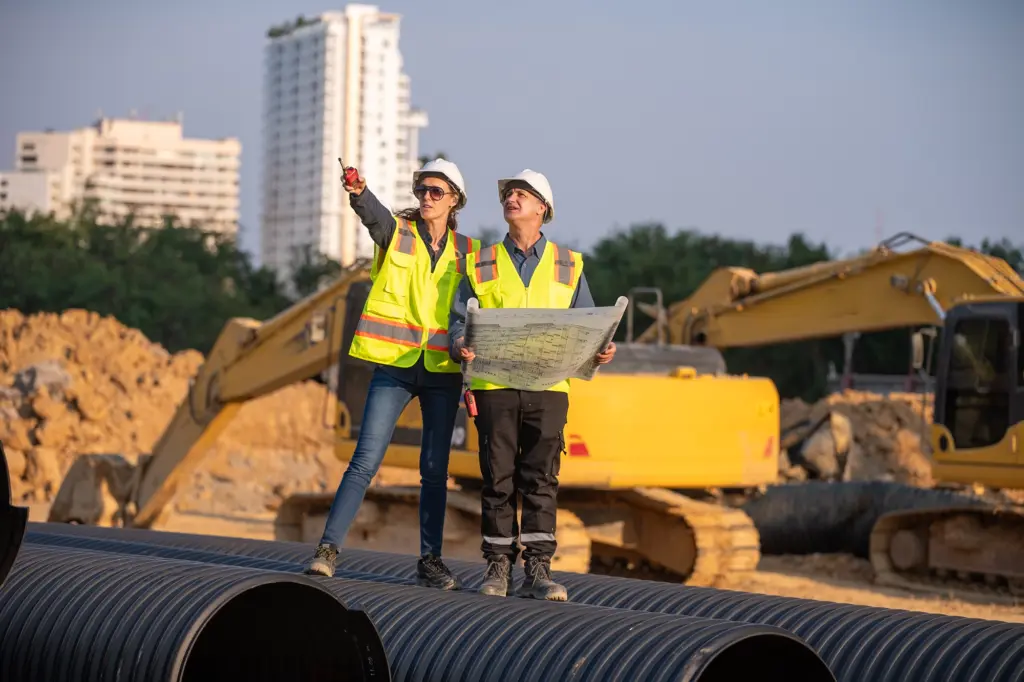Zwei Bauleiter:in bei der Bauplanung auf der Baustelle